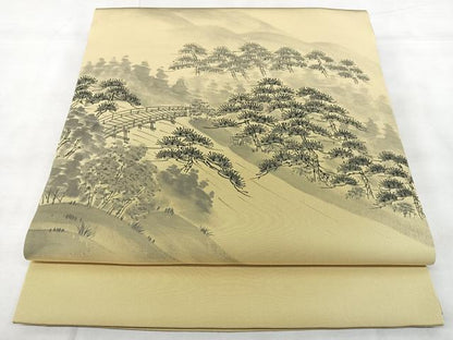 平和屋着物◎塩瀬　九寸開き名古屋帯　作家物　手描き　風景松文　正絹　逸品　BAAY5145qw