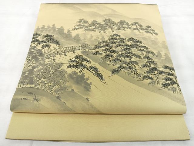 平和屋着物◎塩瀬　九寸開き名古屋帯　作家物　手描き　風景松文　正絹　逸品　BAAY5145qw