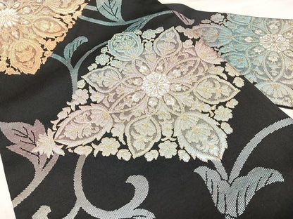 平和屋着物◎九寸名古屋帯　花菱文　黒地　金銀糸　正絹　逸品　BAAY5147qw