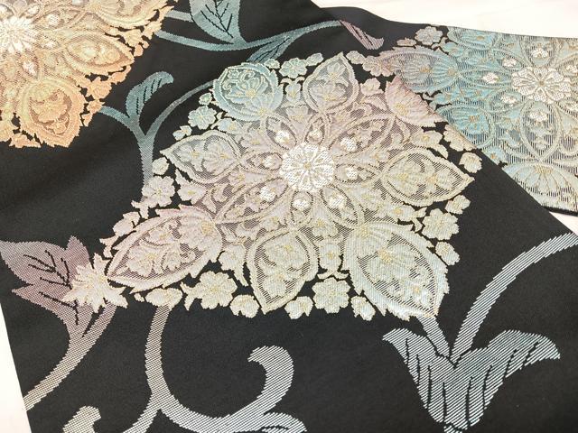 平和屋着物◎九寸名古屋帯　花菱文　黒地　金銀糸　正絹　逸品　BAAY5147qw
