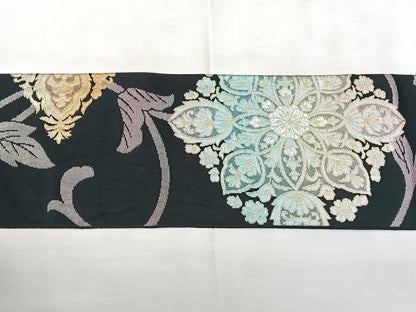 平和屋着物◎九寸名古屋帯　花菱文　黒地　金銀糸　正絹　逸品　BAAY5147qw