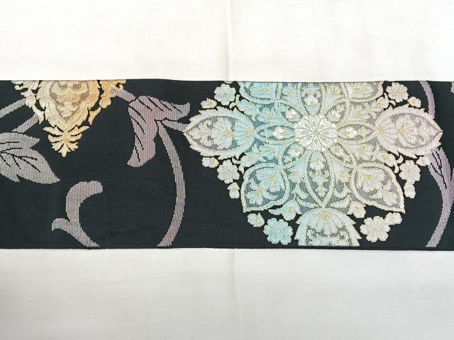 平和屋着物◎九寸名古屋帯　花菱文　黒地　金銀糸　正絹　逸品　BAAY5147qw