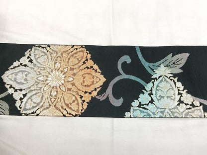平和屋着物◎九寸名古屋帯　花菱文　黒地　金銀糸　正絹　逸品　BAAY5147qw