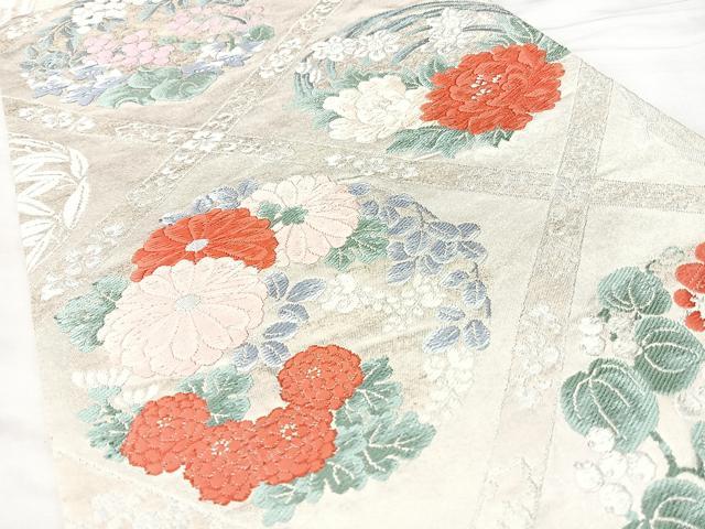 平和屋着物◎六通柄袋帯　唐織　天井花文　銀糸　正絹　逸品　BAAY5151qw
