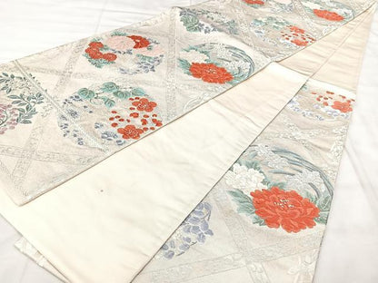 平和屋着物◎六通柄袋帯　唐織　天井花文　銀糸　正絹　逸品　BAAY5151qw