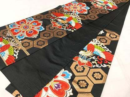 平和屋着物◎六通柄袋帯　唐織　正倉院鳳凰花文　黒地　金銀糸　正絹　逸品　BAAY5152qw