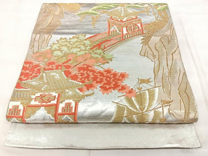 平和屋着物◎六通柄袋帯　風景文　金銀糸　正絹　逸品　BAAY5153qw