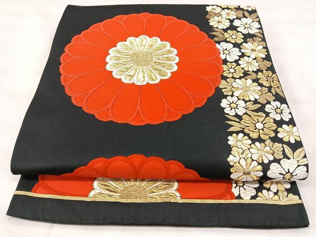 平和屋着物◎六通柄袋帯　唐織　花間道　黒地　金糸　正絹　逸品　BAAY5154qw