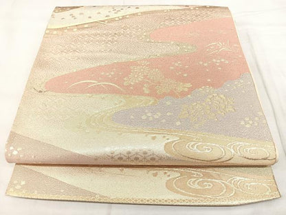平和屋着物◎六通柄袋帯　流水花文　金糸　正絹　逸品　BAAY5155qw