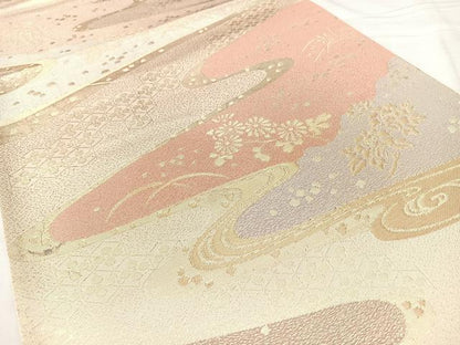 平和屋着物◎六通柄袋帯　流水花文　金糸　正絹　逸品　BAAY5155qw