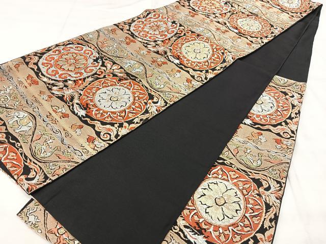 平和屋着物◎六通柄袋帯　動物洋花文　黒地　金銀糸　正絹　逸品　BAAY5156qw