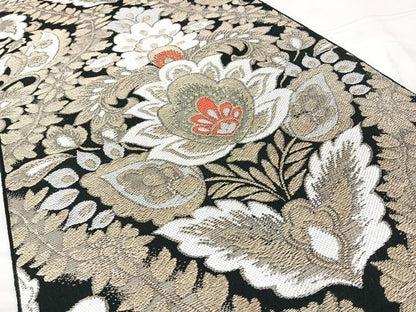 平和屋着物◎六通柄　本袋帯　更紗花文　黒地　金糸　正絹　逸品　BAAY5158qw