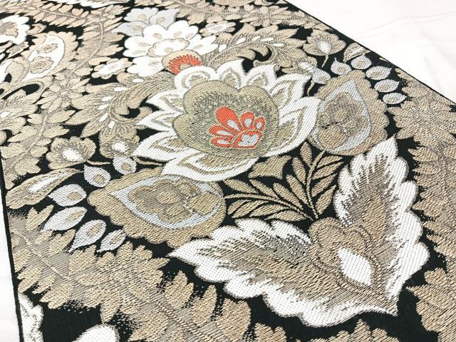 平和屋着物◎六通柄　本袋帯　更紗花文　黒地　金糸　正絹　逸品　BAAY5158qw