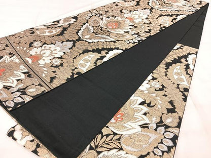 平和屋着物◎六通柄　本袋帯　更紗花文　黒地　金糸　正絹　逸品　BAAY5158qw