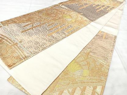 平和屋着物◎六通柄袋帯　双蝶橋紋　金糸　正絹　逸品　BAAY5159qw