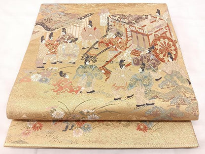 平和屋着物◎六通柄袋帯　松彩錦　御所車人物花文　金糸　正絹　逸品　BAAY5162qw