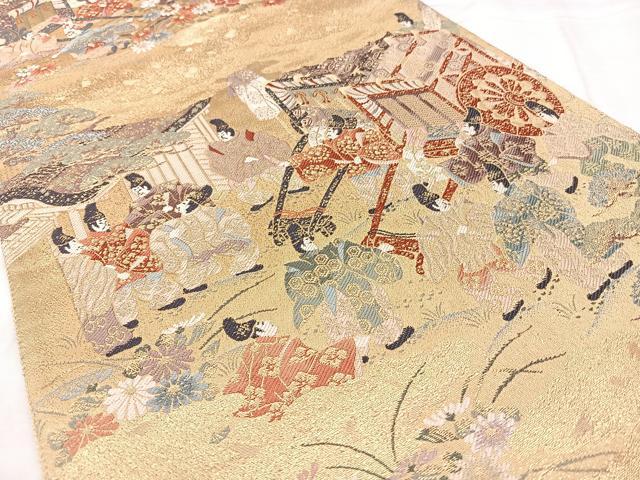 平和屋着物◎六通柄袋帯　松彩錦　御所車人物花文　金糸　正絹　逸品　BAAY5162qw