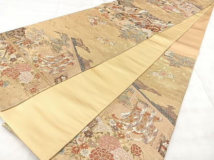 平和屋着物◎六通柄袋帯　松彩錦　御所車人物花文　金糸　正絹　逸品　BAAY5162qw