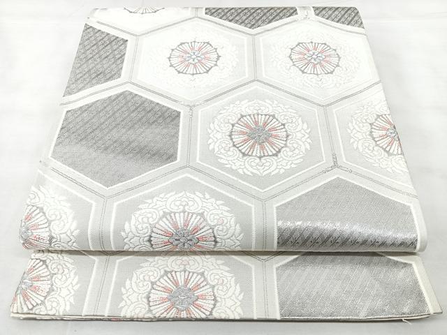 平和屋着物◎六通柄袋帯　九百白眉錦　亀甲花文　銀糸　正絹　逸品　BAAY5179qw