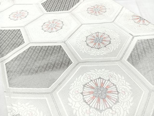 平和屋着物◎六通柄袋帯　九百白眉錦　亀甲花文　銀糸　正絹　逸品　BAAY5179qw