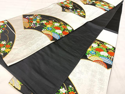 平和屋着物◎六通柄袋帯　唐織　銀つづれ　地紙花文　黒地　金銀糸　正絹　逸品　BAAY5182qw