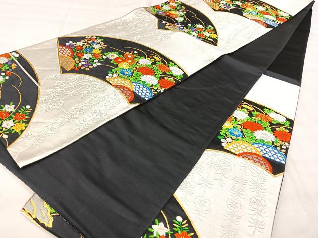 平和屋着物◎六通柄袋帯　唐織　銀つづれ　地紙花文　黒地　金銀糸　正絹　逸品　BAAY5182qw