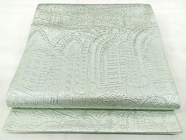 平和屋着物◎全通柄袋帯　風景文　銀糸　正絹　逸品　BAAY5183qw