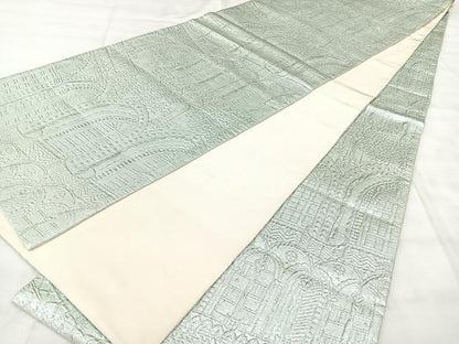 平和屋着物◎全通柄袋帯　風景文　銀糸　正絹　逸品　BAAY5183qw
