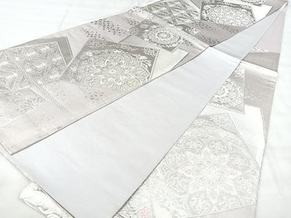 平和屋着物◎六通柄袋帯　色紙花文　銀糸　正絹　逸品　BAAY5188qw