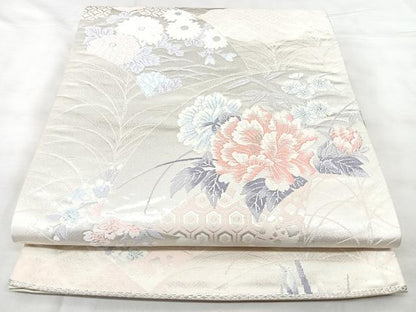 平和屋着物◎六通柄袋帯　唐織　花園錦　地紙花文　銀糸　正絹　逸品　BAAY5190qw