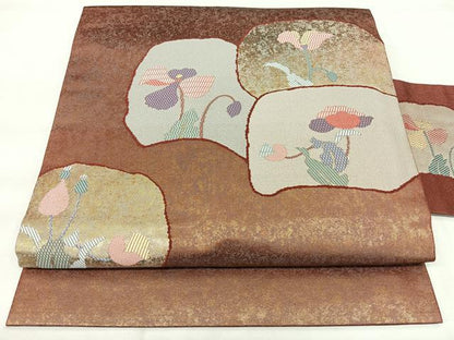 平和屋着物◎九寸名古屋帯　草花文　引箔　正絹　逸品　BAAY5195qw