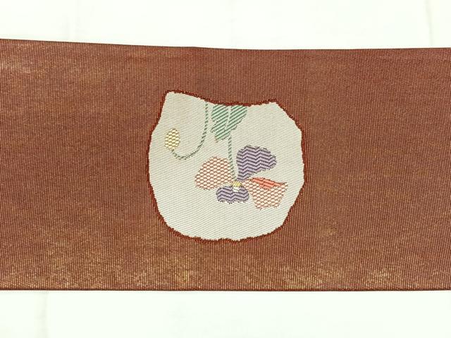 平和屋着物◎九寸名古屋帯　草花文　引箔　正絹　逸品　BAAY5195qw