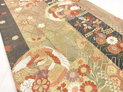 平和屋着物◎佐賀錦　六通柄袋帯　唐織　花鳥文　金糸　正絹　逸品　BAAY5200qw