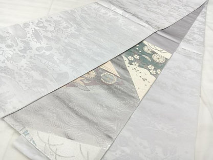 平和屋着物◎両面　六通柄袋帯　流水花鳥文　金銀糸　正絹　逸品　BAAY5201qw