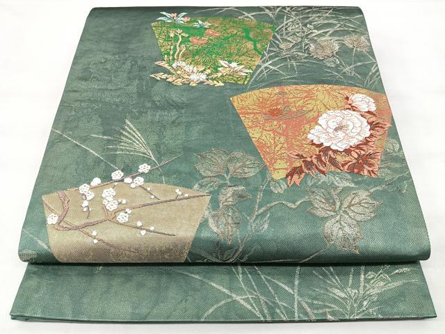 平和屋着物◎六通柄袋帯　唐織　草集扇面文　金糸　正絹　逸品　BAAY5205qw