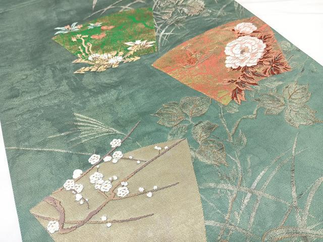 平和屋着物◎六通柄袋帯　唐織　草集扇面文　金糸　正絹　逸品　BAAY5205qw