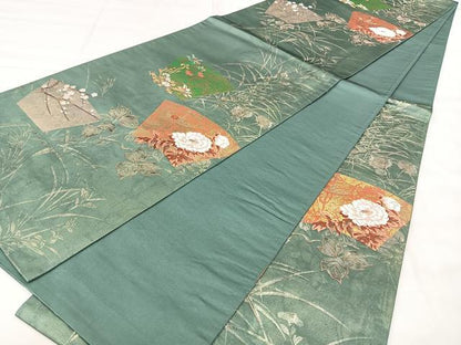 平和屋着物◎六通柄袋帯　唐織　草集扇面文　金糸　正絹　逸品　BAAY5205qw