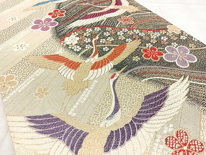 平和屋着物◎佐賀錦　六通柄袋帯　唐織　飛鶴花文　金糸　正絹　逸品　BAAY5216qw
