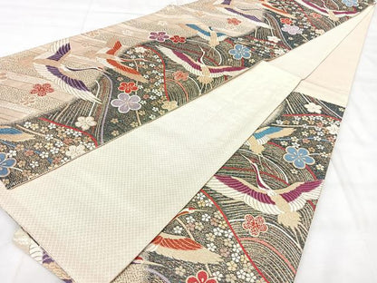 平和屋着物◎佐賀錦　六通柄袋帯　唐織　飛鶴花文　金糸　正絹　逸品　BAAY5216qw