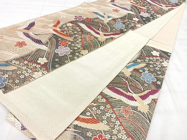 平和屋着物◎佐賀錦　六通柄袋帯　唐織　飛鶴花文　金糸　正絹　逸品　BAAY5216qw