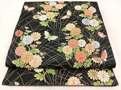 平和屋着物◎六通柄袋帯　唐織　舞蝶花文　黒地　金糸　正絹　逸品　BAAY5225qw