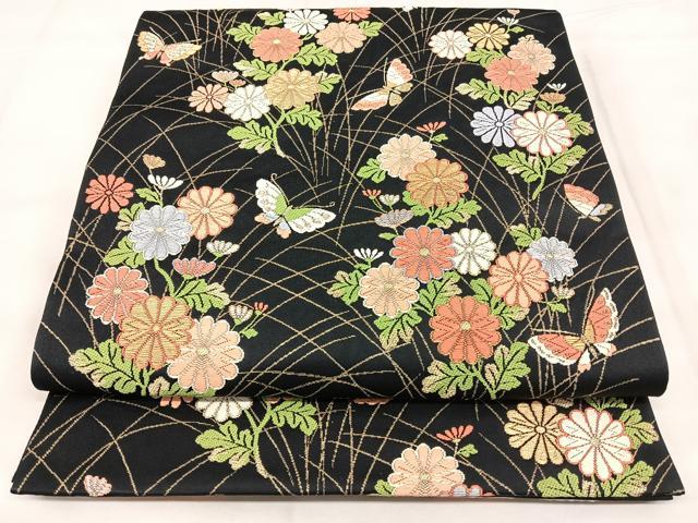 平和屋着物◎六通柄袋帯　唐織　舞蝶花文　黒地　金糸　正絹　逸品　BAAY5225qw