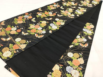 平和屋着物◎六通柄袋帯　唐織　舞蝶花文　黒地　金糸　正絹　逸品　BAAY5225qw