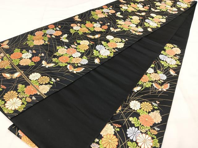 平和屋着物◎六通柄袋帯　唐織　舞蝶花文　黒地　金糸　正絹　逸品　BAAY5225qw
