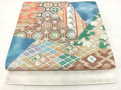 平和屋着物◎太鼓柄袋帯　切嵌吉祥花文　引箔　正絹　逸品　BAAY5228qw