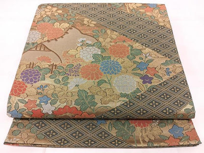 平和屋着物◎六通柄袋帯　風景花文　金糸　三越扱い　正絹　逸品　BAAY5229qw