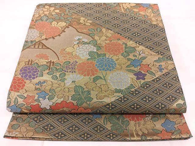 平和屋着物◎六通柄袋帯　風景花文　金糸　三越扱い　正絹　逸品　BAAY5229qw