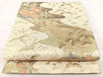 平和屋着物◎六通柄袋帯　飛鶴花文　金糸　三越扱い　正絹　逸品　BAAY5232qw
