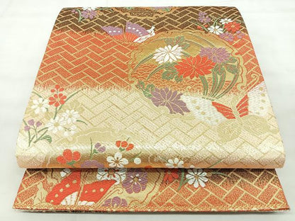 平和屋着物◎佐賀錦　六通柄袋帯　唐織　雪輪花蝶文　金糸　正絹　逸品　BAAY5234qw
