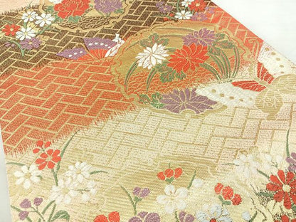 平和屋着物◎佐賀錦　六通柄袋帯　唐織　雪輪花蝶文　金糸　正絹　逸品　BAAY5234qw